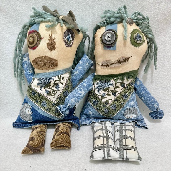 Scrappy Monster Doll Duo Western Twist Upcyled handmade embroidered Hedgehogs! - Picture 10 of 10